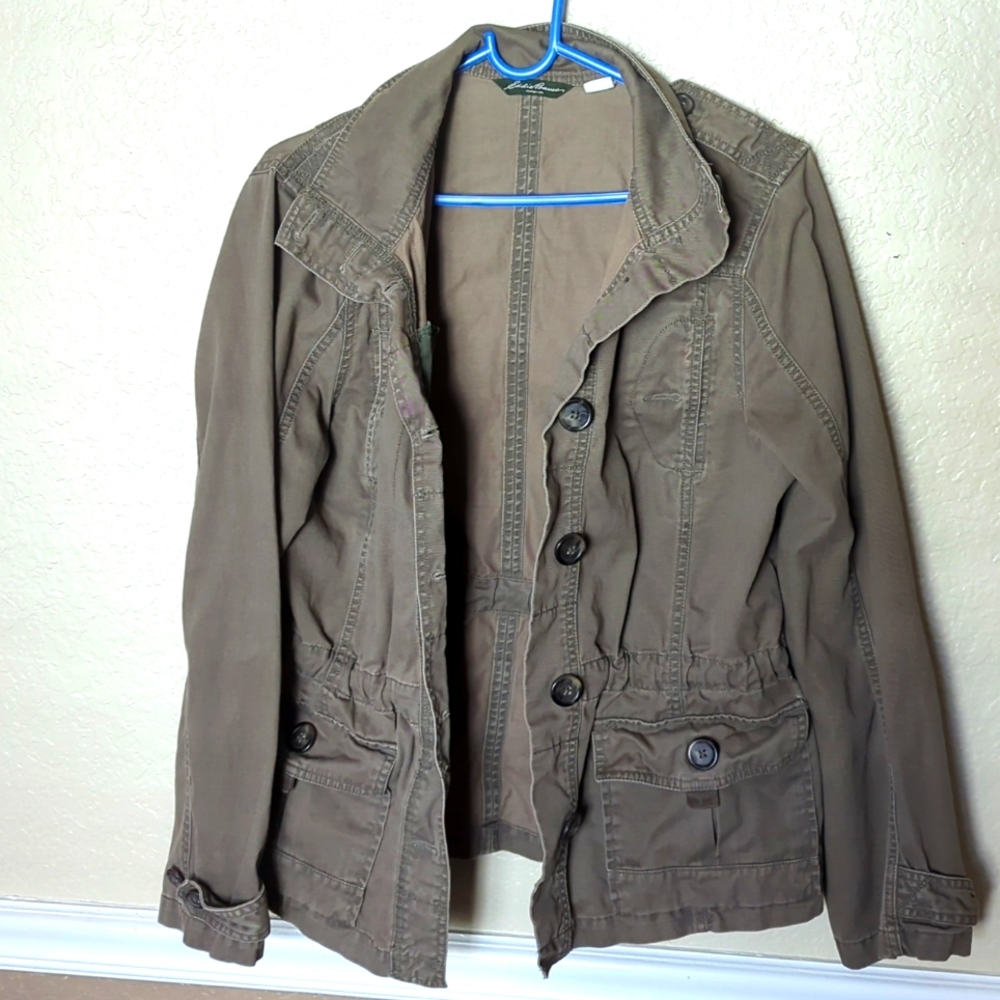 Eddie Bauer Brown Button Front Jacket in Olive Green L Tall